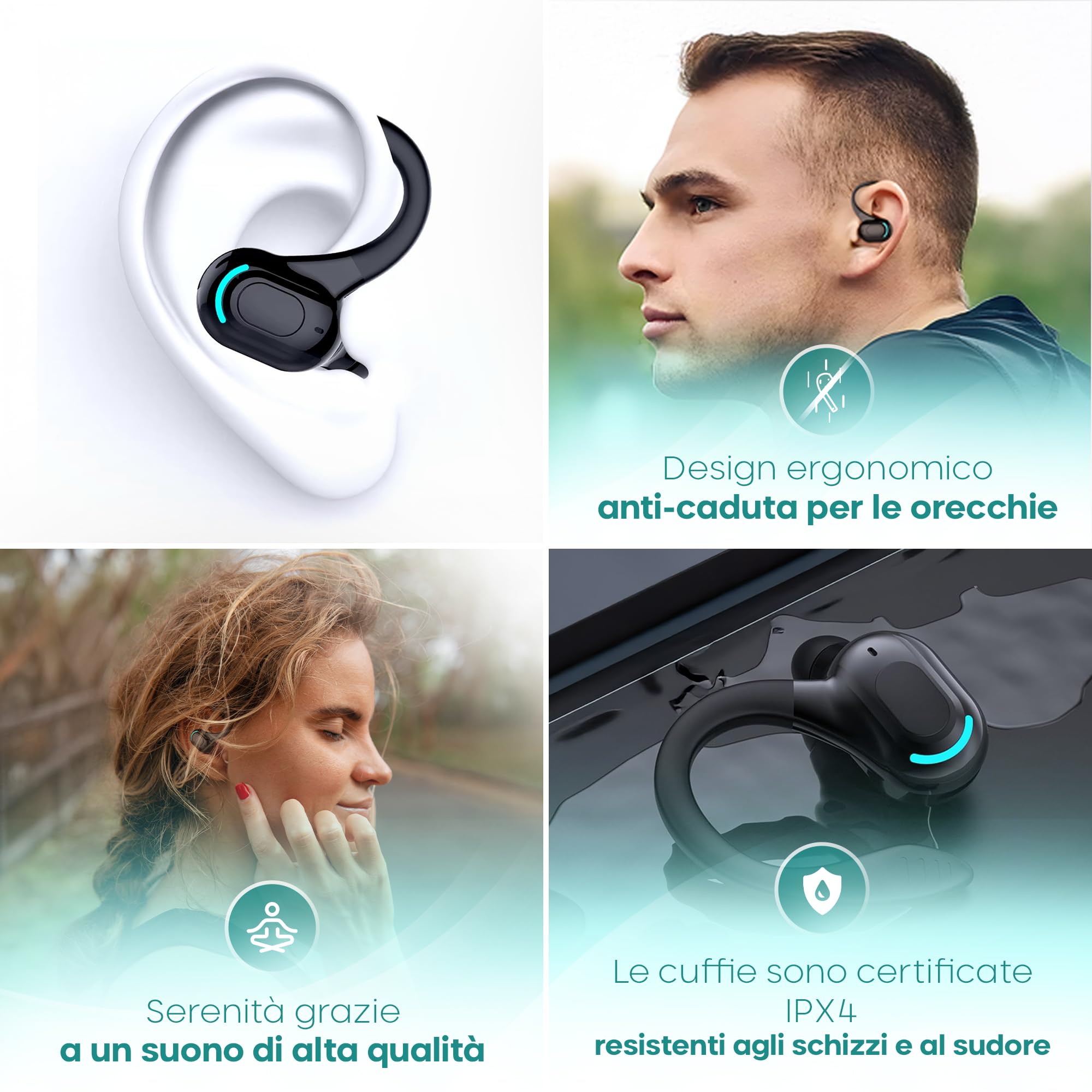 Auricolare Bluetooth mono senza fili V5.2, design 360° sopra l'orecchio, microfono integrato, batteria 70 mAh, 20 ore di riproduzione, compatibile con iPhone, Android e PC