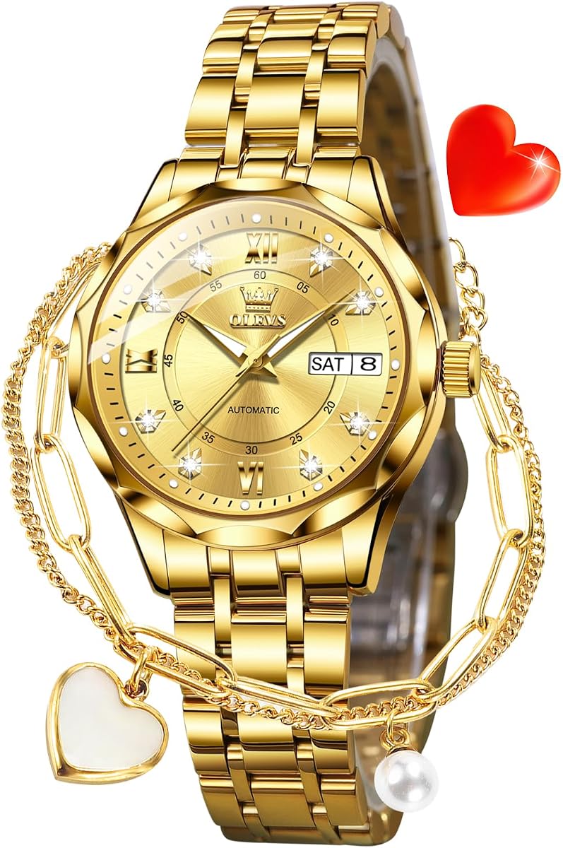 Relojes para mujer Casual Moderno Diamante Automático Mecánico Señoras Vestido de cuerda automática Reloj de pulsera de dos tonos Fecha Día