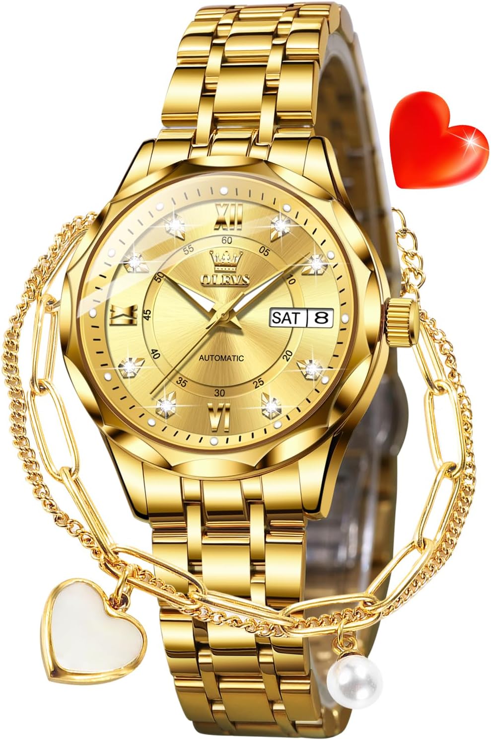 OLEVS Women Watches Automatic Mechanical Set Casual Diamond Dress Ladies Self Winding Two Tone Wrist Watch Date