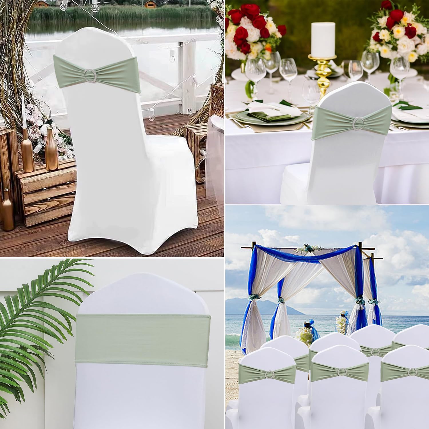 Stuhlschärpen für Hochzeit, 100 Stück, Spandex, Salbeigrün, Salbeigrün, Schleifen mit Blucke, für Brautschmuck, Babyparty, Geburtstag, Bankett, Party-Dekorationen