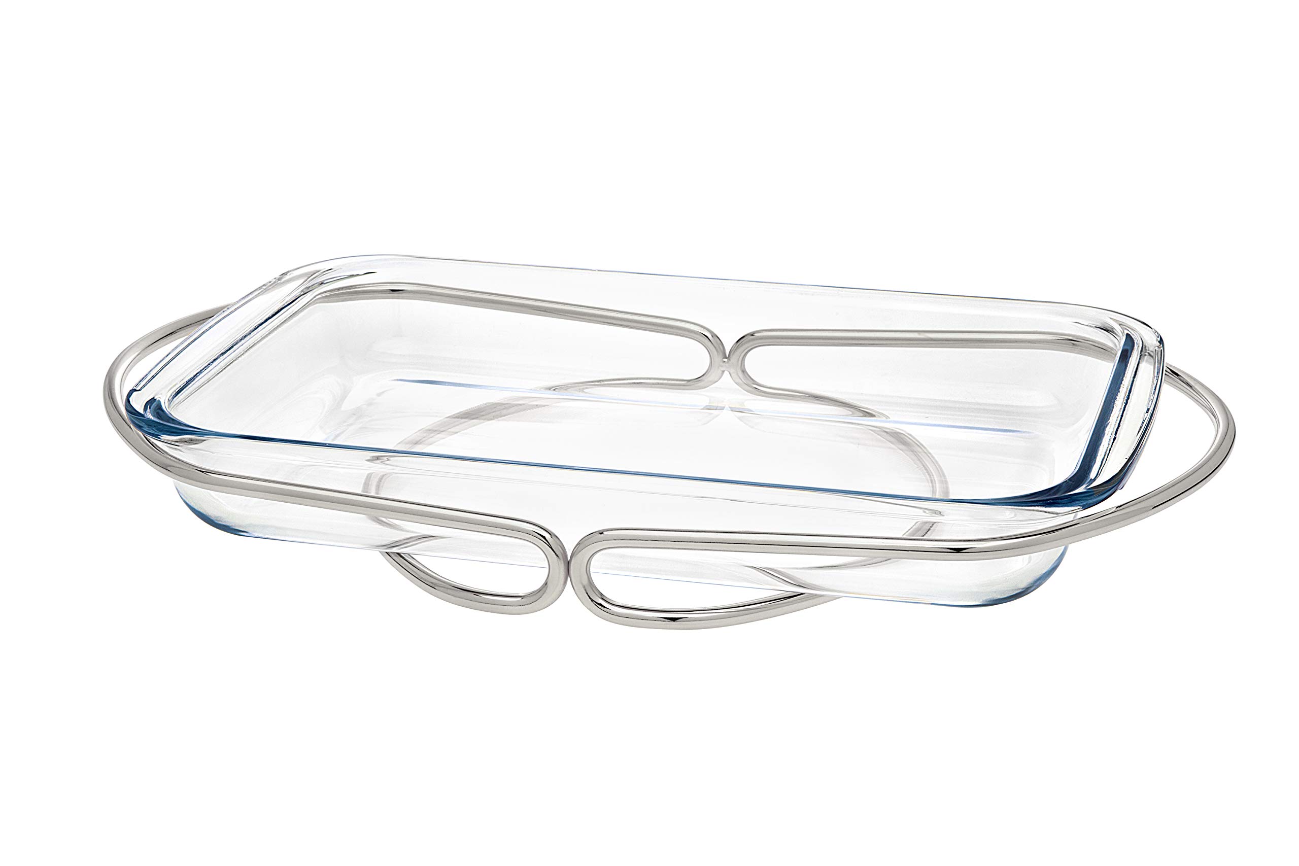 GodingerOven to Table Glass Rectangular Baker, Warmer, Serving Piece with Woven Nickel Base