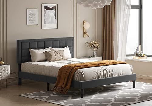 Miniatura 4 de Nazhura Marco de cama tamaño King tapizado moderno de perfil bajo con cabecera copetuda no necesita somier tapicería de tela de lino gris carbón