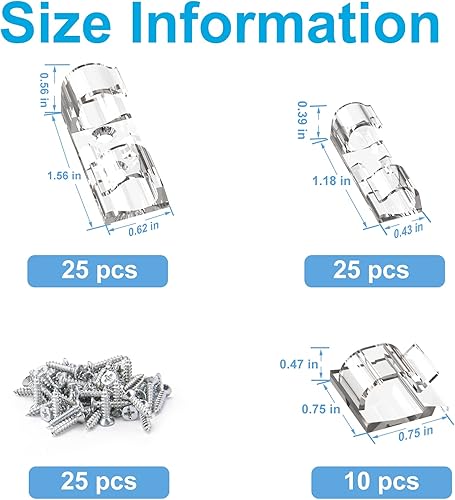 Miniatura 2 de TidyHelper Clips de luz para exteriores (varios tamaños, 60 unidades), organizador de cables adhesivos para pared, soporte de cable transparente,