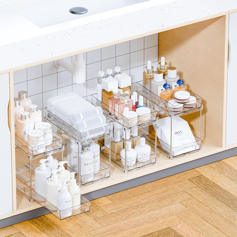 Juego de 4 organizadores y almacenamiento de baño, organizador transparente para debajo del fregadero de 2 niveles y organizador de botiquín para cocina, despensa, cajones extraíbles para el cuidado de la piel, pastillero, organización de especias