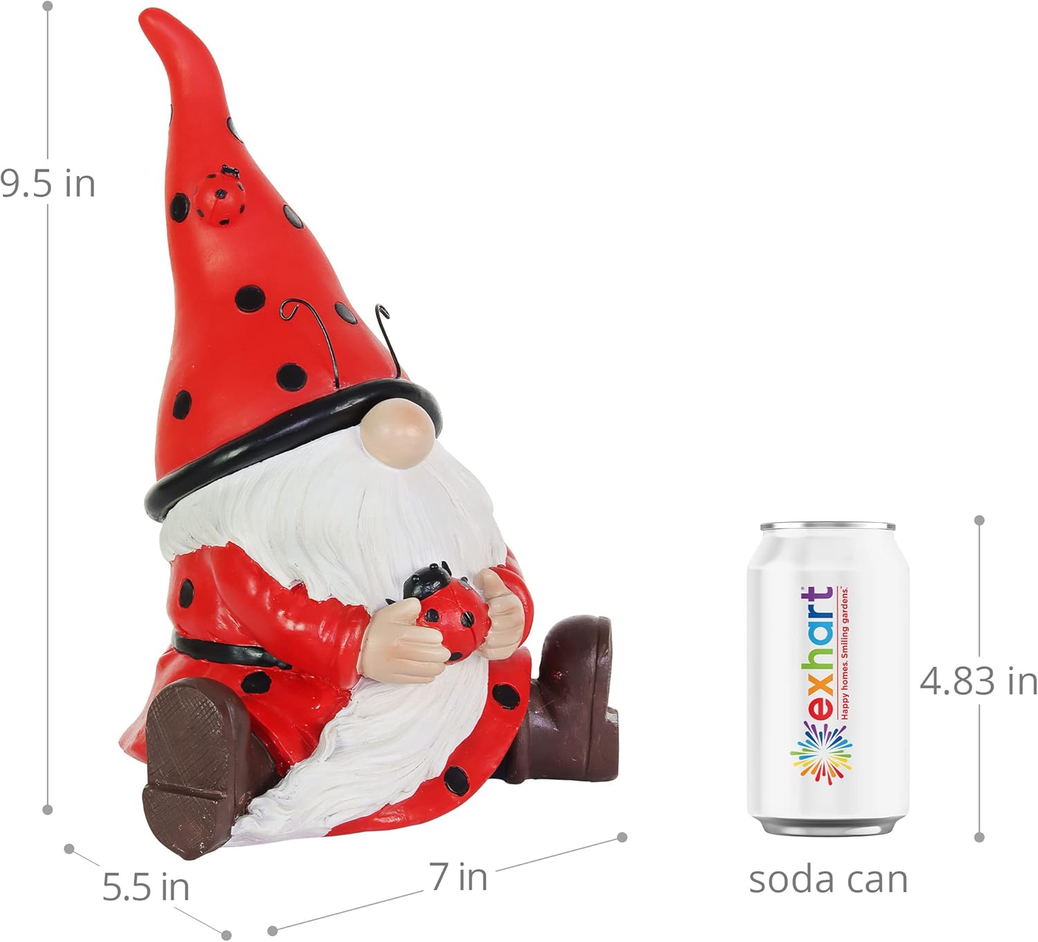 Exhart Garden Gnome, Ladybug Red Hat Solar Garden Statue Sculpture with Lady Bug, 4 LED Lights, Outdoor Lawn and Yard Decoration, 5.5 x 7 x 9.5 Inch