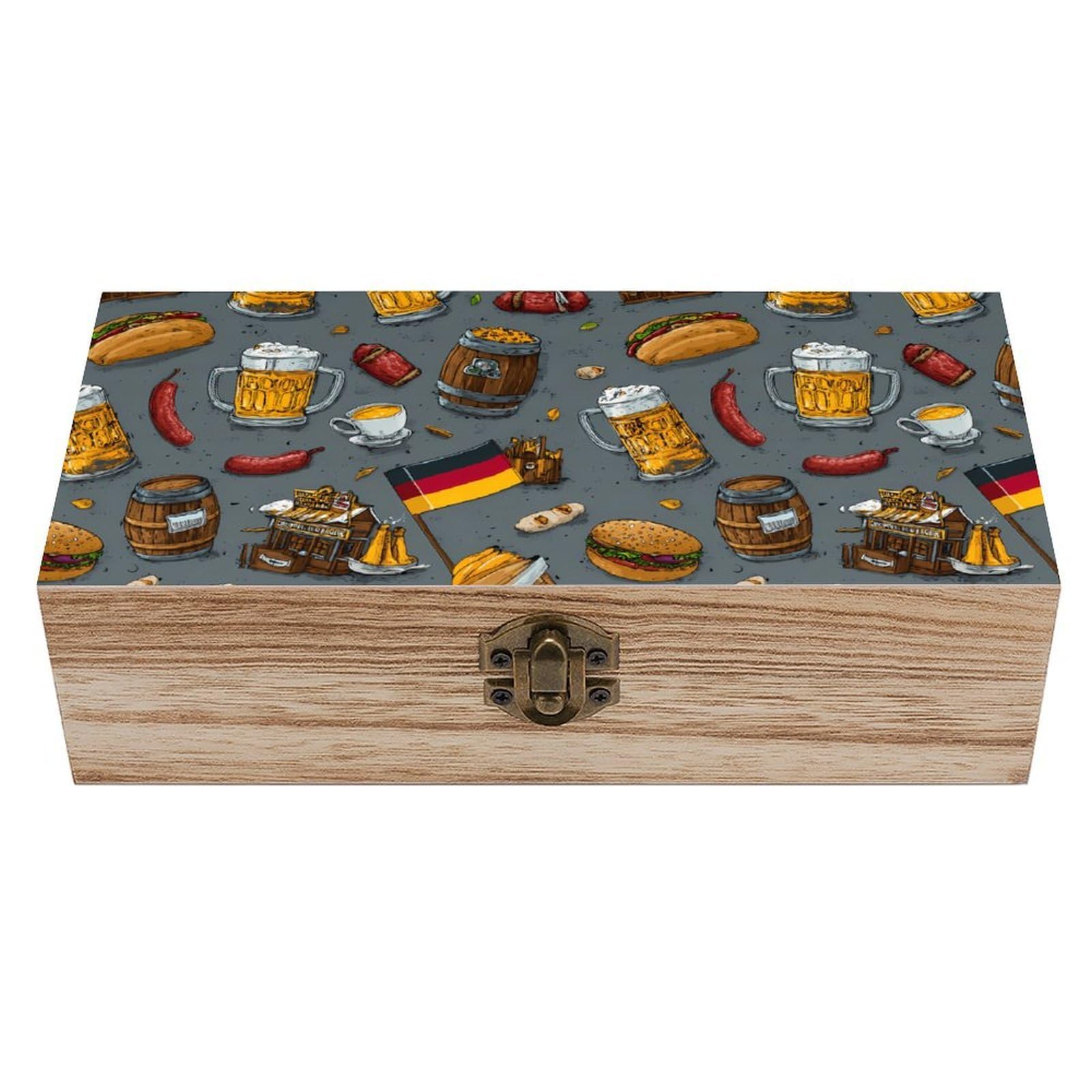 CGSBNGHA Germany Flag Beer German Food Wooden Storage Boxes with Lid Memory Box Decorative Organiser for Office And Home