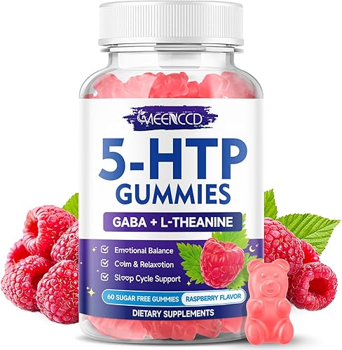 Gomitas 5-HTP de 300 mg, suplemento 5-HTP con 200 mg de L-teanina y 50 mg de GABA, suplementos GABA para apoyo cerebral y Zzz, sin azúcar, sabor a