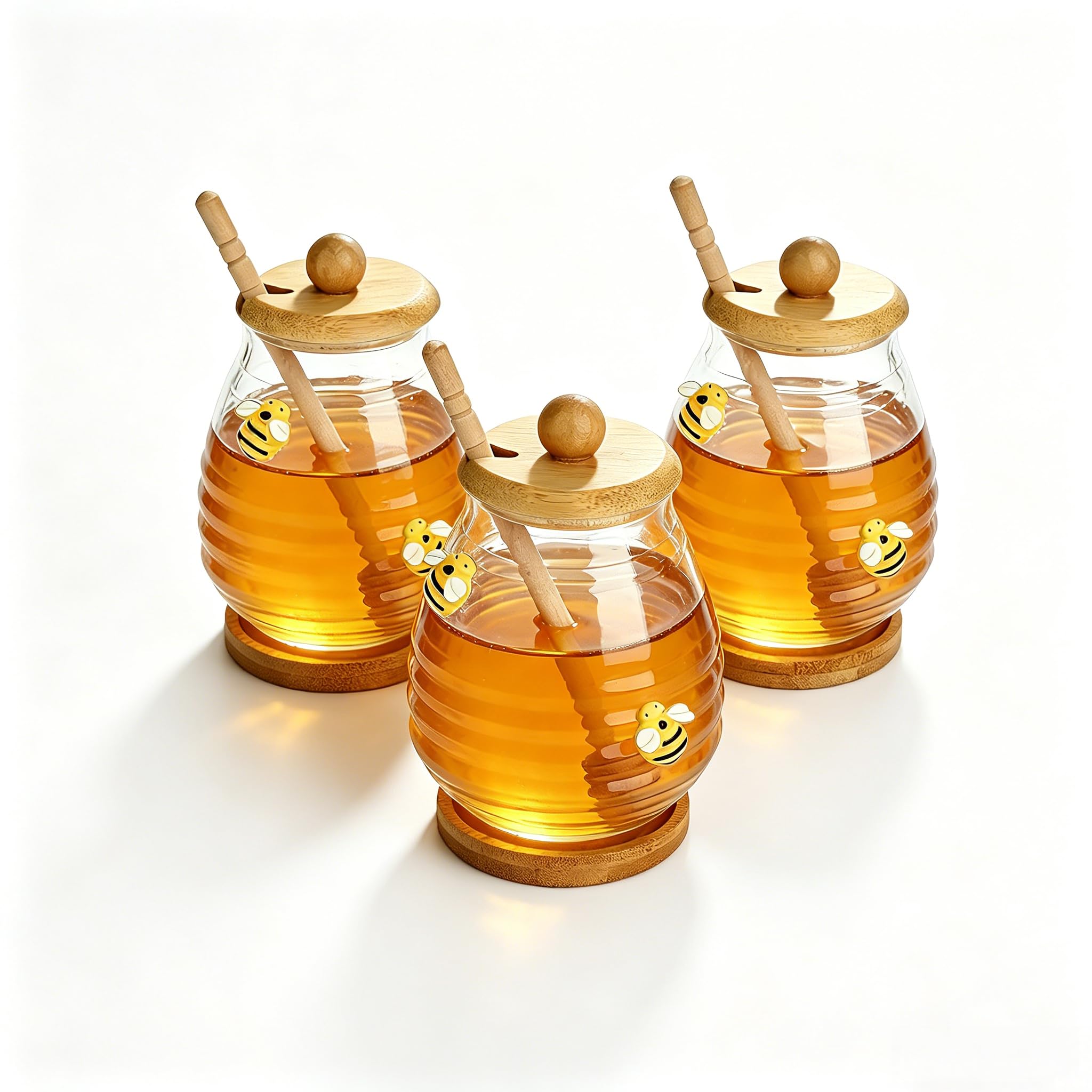BestYiJo 3 dispenser per miele, 400 ml, trasparenti, con mestolo e coperchio, barattoli per miele con coperchio, barattolo per miele con cucchiaio per miele, sciroppo, alveare, cucina