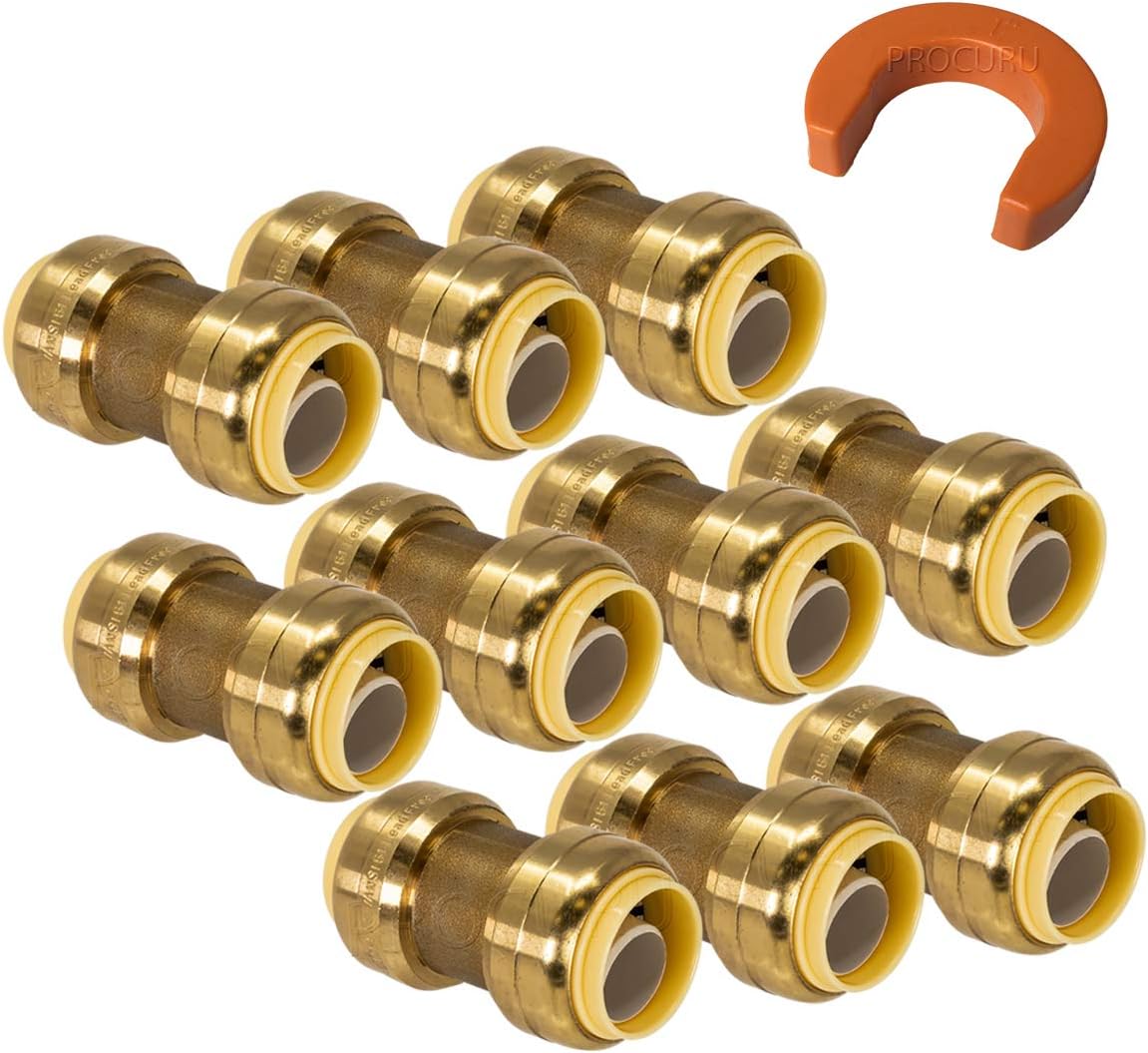[11-Pack] PROCURU 1-Inch PushFit Combo Kit - 1" PushFit Couplings (10 pcs) Plus 1" Disconnect Clip (1 pc), Plumbing Fittings for Copper, PEX, CPVC, PE-RT Pipe (8X1016-11T)