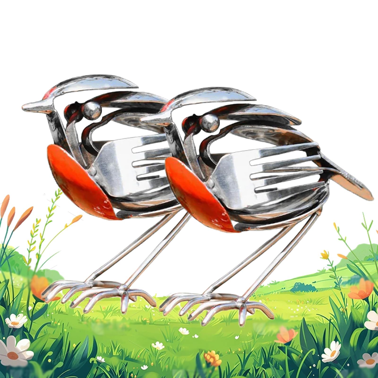 HopeWings Robin Metal Bird Sculpture, Handcrafted Steel Cutlery Art Statue, Unique Decorative Ornament for Garden, Patio or Office Desk (2pcs)