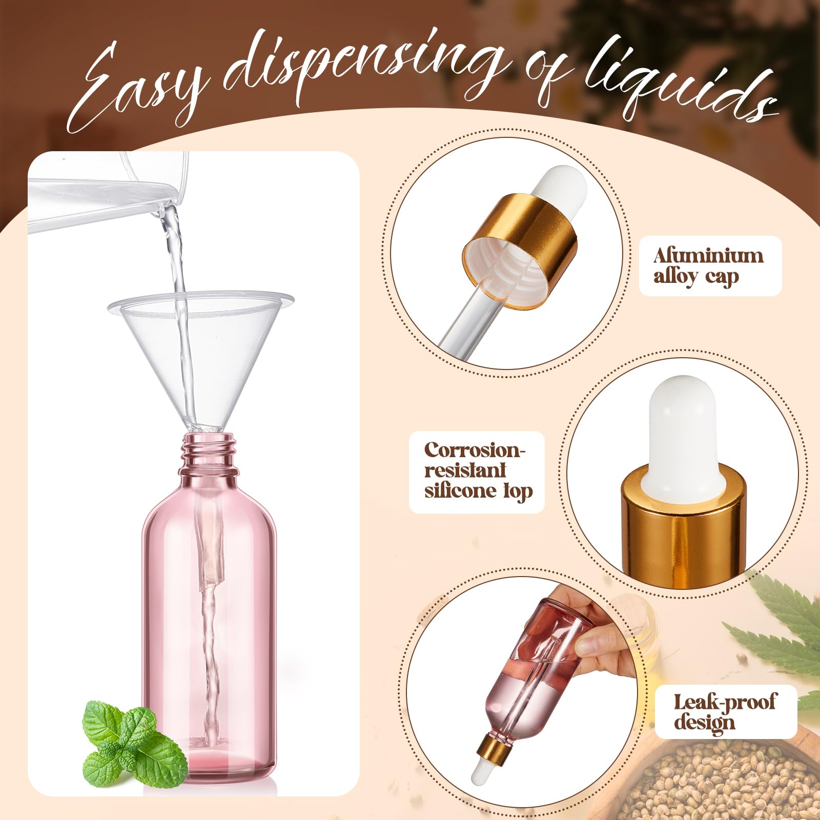 Lallisa 48 Stück Glas-Tropfflaschen mit Augentropfenspender, Labor Tropfflaschen mit 4 langen Pipetten, 4 Trichter und 80 Etiketten für Reisen, Nagelhautmassage, ätherische Öle, Parfüm (Rosa, 118 ml)