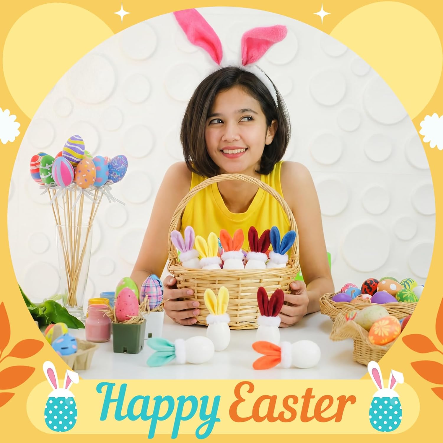 BreezeHug 6 Pcs Easter Egg Painting Kit DIY 3D Easter Craft Kit Bunny Craft Statues with Furry Ears Wooden Egg for Basket Stuffers Tiered Tray Spring Play Party Favors(Rainbow)