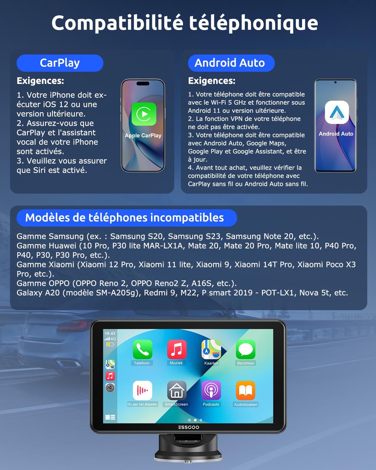 ESSGOO 7 Pouces Écran Voiture CarPlay sans Fil avec Caméra de Recul