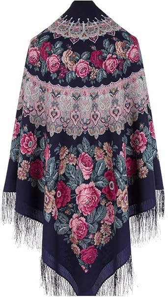 Pavlovo Posad Russian Shawl 100% Wool 57x57 inches Pashmina Scarf 146x146 cm Woolen Huge Square Wrap With Tassels Fringe Pavlovoposadskiy Platok Pavloposadsky Shawl 353-15 Molitva Prayer