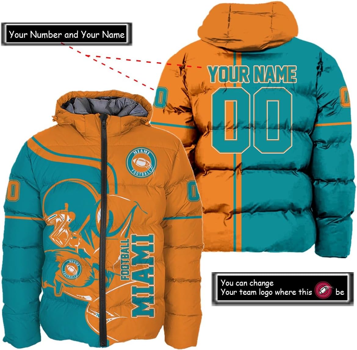 Personalized Miami Football Team Dolphins Men's Hooded Puffer Jacket