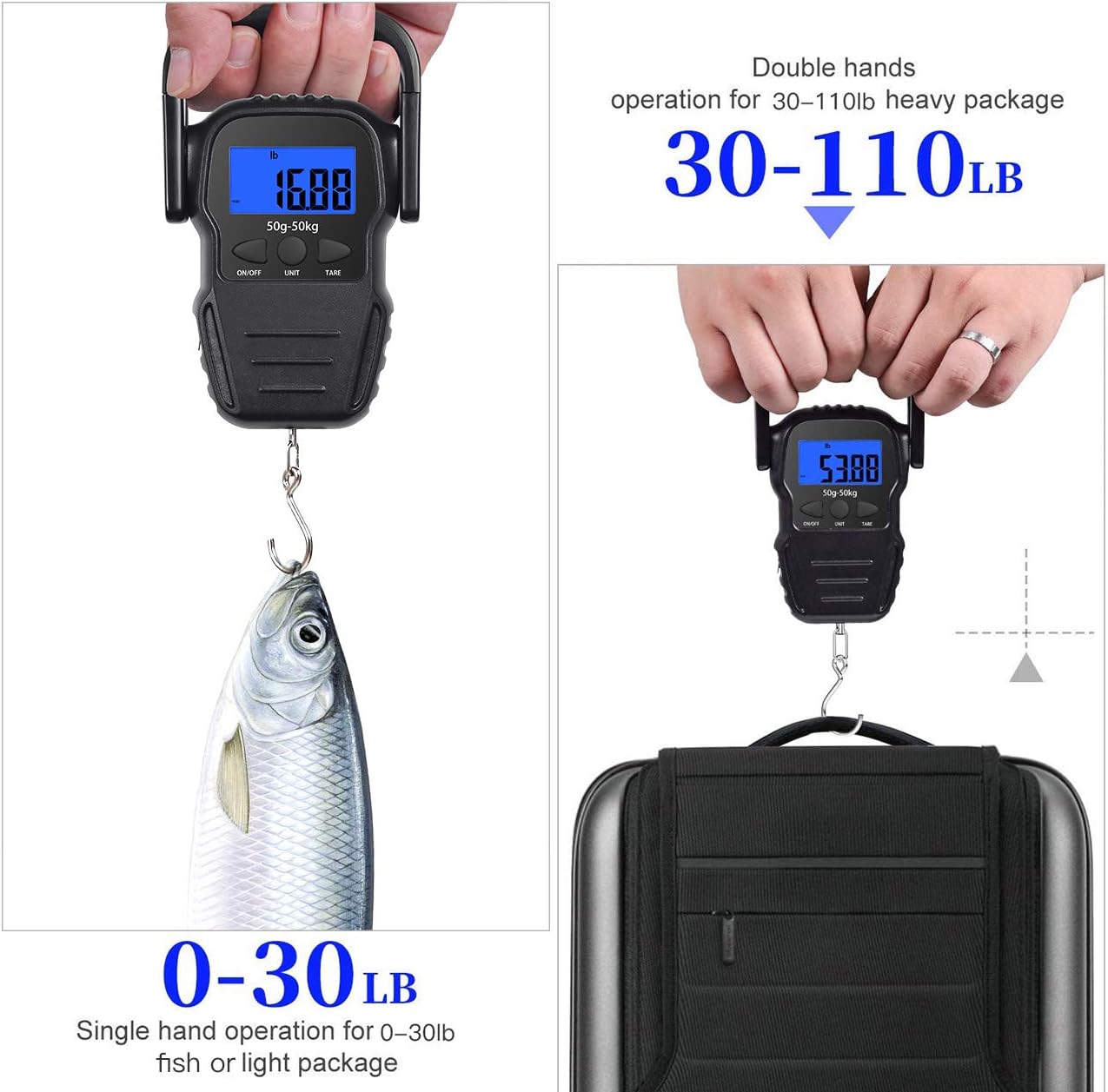 CaseBuy Digital Fish Scale 110lb/50kg, Portable Hanging Hook Scale Electronic Fish Weighing Scale with Tape Measure/Large Backlit LCD Display, 2AAA Batteries Included, Gifts for Man Dad Fisherman : Sports & Outdoors