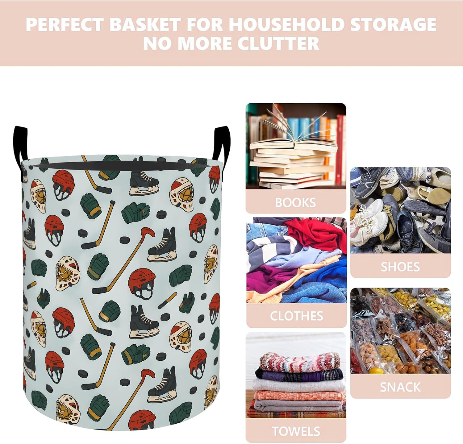 Hockey Sports Laundry Basket Hamper 19.7"x15.7", Organizer Bins Gifts for Kids Boys Girls, Ice Hockey Foldable Wateshrproof Oxford Clothes Storage Bucket for Bedroom Bathroom Decor image 2