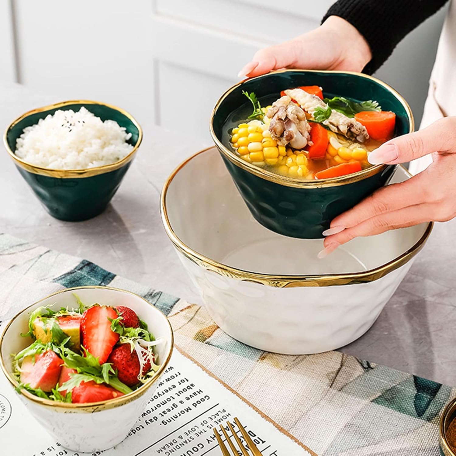 Ramen Bowl, Ceramic Salad Bowl Deep Mixing Bowls Creative Tableware, for Soup, Salad Pho Udon Pasta and Mixing Fruit (Color : A, Size : 2pcs)