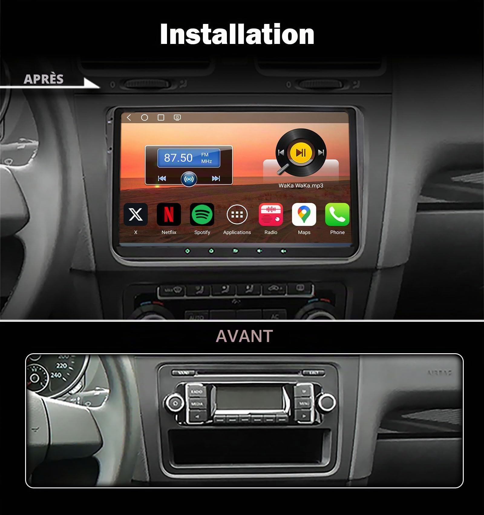 9" Qualcomm 8-Core 4GO+64GO Android 14 Autoradio pour VW Golf 5/6 Passat B7 EOS Polo 6R T5 Touran Caddy Tiguan Seat Skoda CarPlay sans Fil GPS Navigateur WiFi Bluetooth 5.1 Canbus SWC Écran Tactile