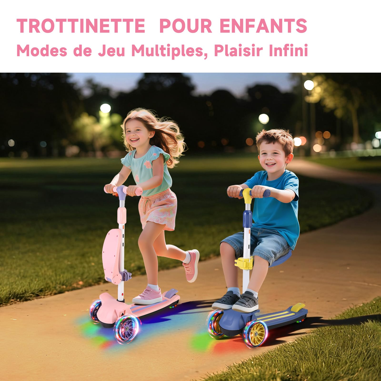 Trottinette Enfant 2 en 1 avec Siège Amovible, 3 Roues Lumineuses et 4 Hauteurs Réglables, Trottinette à Pousser Assise ou Debout pour Filles et Garçons de 2 à 10 Ans