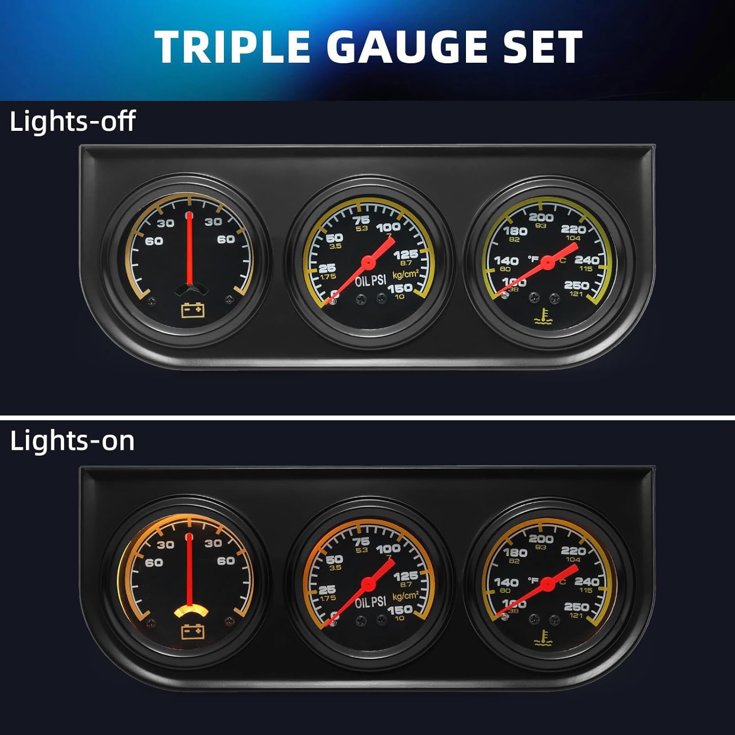 52MM Triple Meter Set for Oil Pressure Water Temperature and Electrical in Car Truck