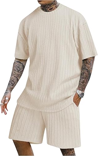 RoseSeek Men's 2 Piece Outfits Textured Drop Shoulder T Shirt and Short Sets Sum
