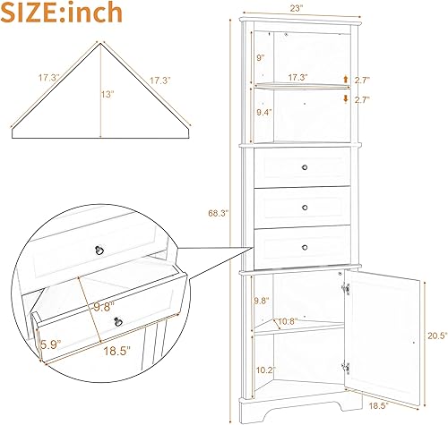 Miniatura 2 de Merax Armario esquinero alto con 3 cajones y puerta, estantes ajustables, organizador de almacenamiento de baño para sala de estar o cocina, color