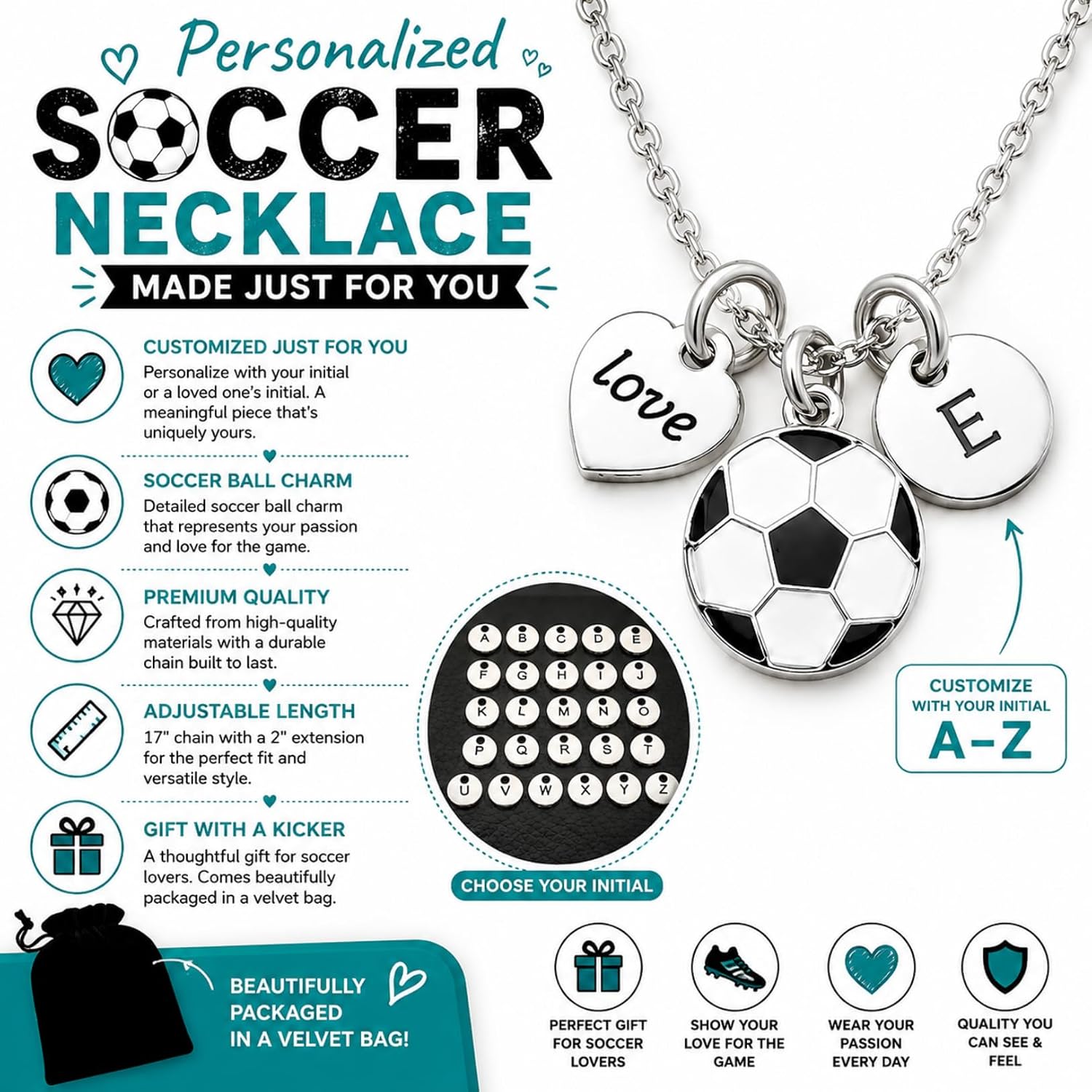 Personalized Soccer Initial Necklace, Soccer Jewelry - Soccer Player Gifts Custom Soccer Gift, Girls Soccer Jewelry, Gift for Soccer Players