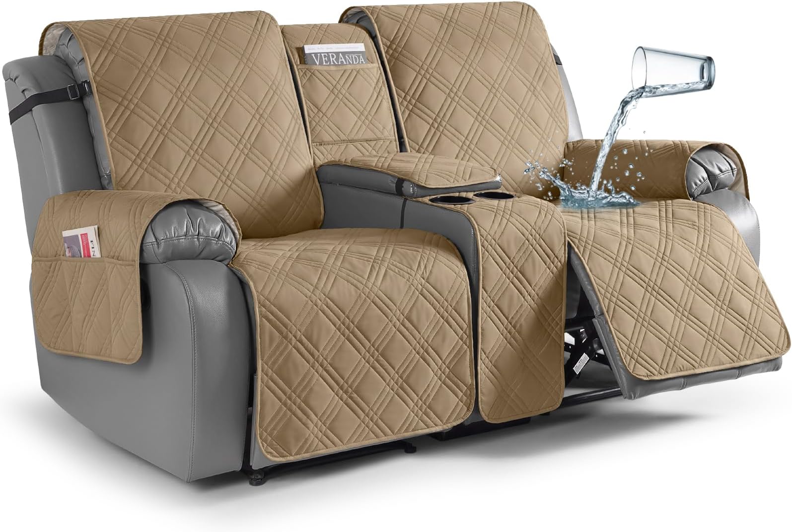TAOCOCO Loveseat Recliner Cover with Center Console, 100% Waterproof Pet Cover for Dual Recliner with Straps Design, Split Reclining Loveseat Covers Furniture Pet&Kids Protector (2 Seater, Camel)