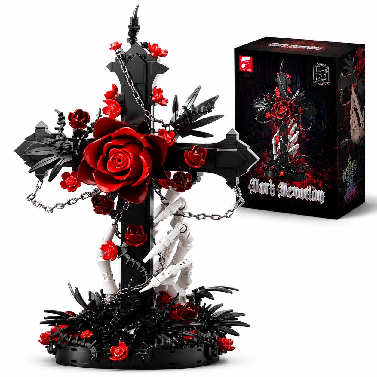 Sarvvte Gothic Rose Cross Building Set, Dark Romantic Skeleton Handle Chain Thorn Vine Decor with Red Roses, Gothic Decor Building Blocks for Adults, Unique Supernatural Themed Gothic Gifts