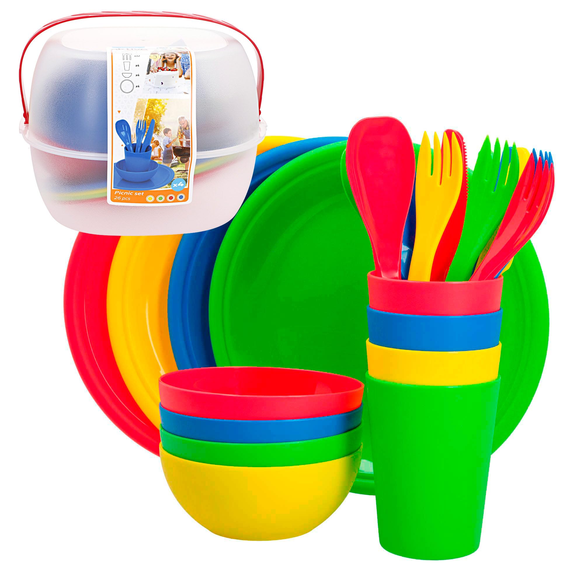Sadodo Set Stoviglie Da Campeggio Infrangibili Per 4 Persone - Piatti, Ciotole, Posate E Bicchieri In Plastica Colorata - Ideale Per Picnic E Barbecue