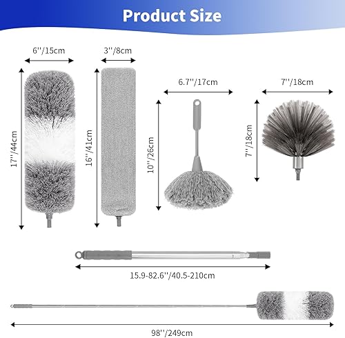 Miniatura 2 de Plumero de telaraña con poste de extensión de 30 a 100 pulgadas (acero inoxidable), plumero de microfibra para limpieza, plegable y lavable, se