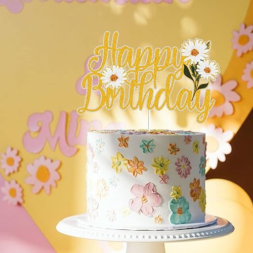 Miniatura 5 de Decoración para pastel de cumpleaños con purpurina dorada, decoración de pastel de margaritas hippie, decoración de verano con temática floral,