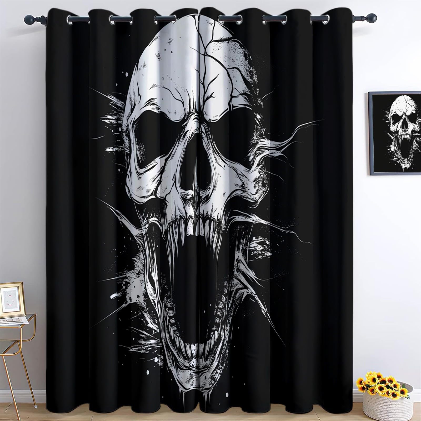Blackout Curtains Skull Black Opaque Curtain With Eyelet 3D Print Thermal Insulated Curtains for Living Room Children's Bedroom Window Decora, 46” W x 90” L, 2 Panels