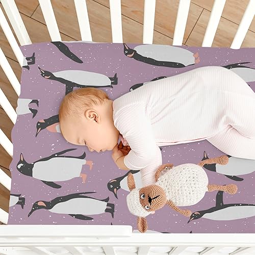 Miniatura 7 de Sábanas bajeras para cuna, suave, transpirable y cómodo, juego de sábanas de bebé para niños y niñas, sábanas para cuna de pingüino morado, para