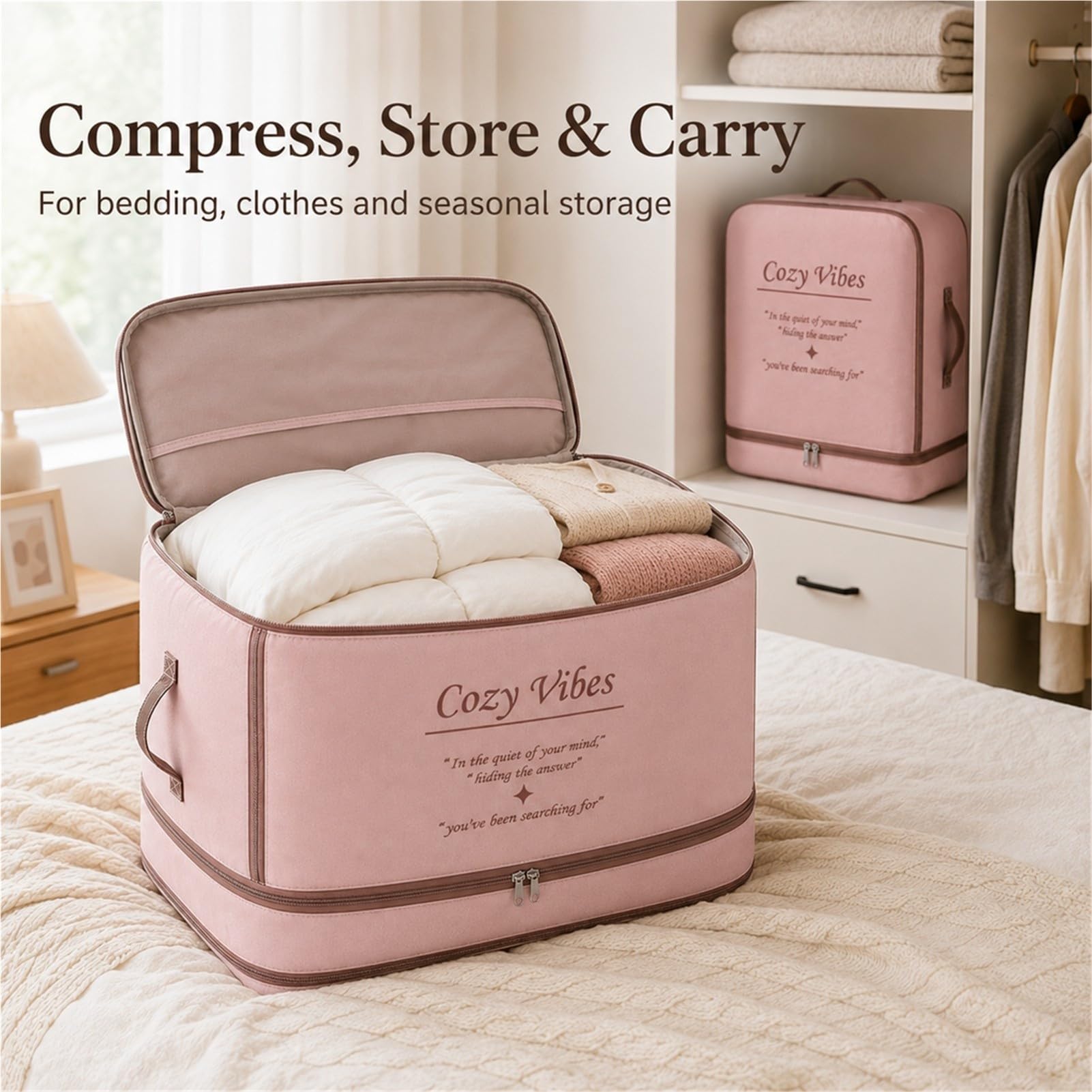 Borsa Salvaspazio Comprimibile per Piumoni e Vestiti, Tessuto Oxford Rosa con Doppia Cerniera e Manici, Custodia Pieghevole per Armadio, Trasloco e Viaggio(Medium)