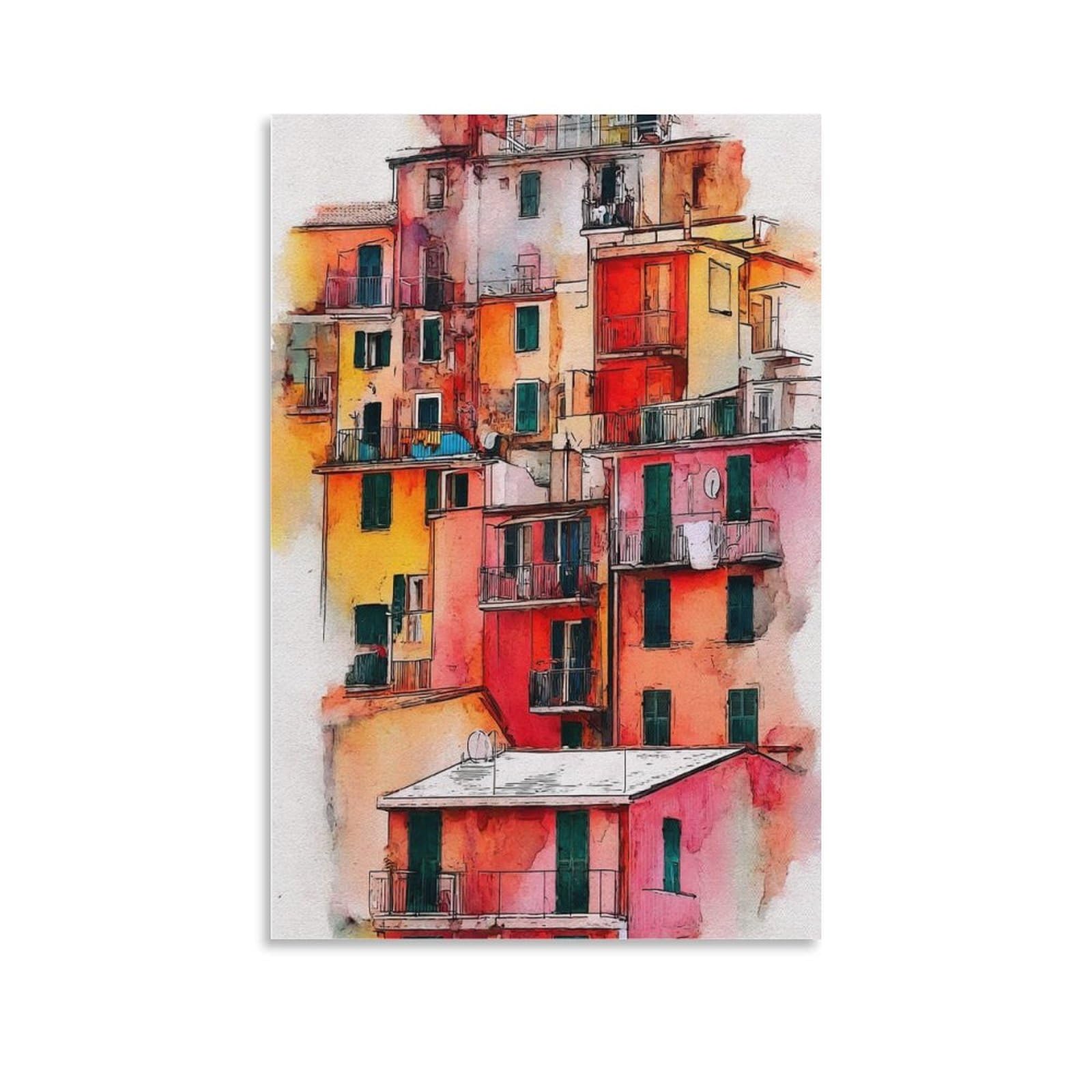 Cnaheiz Unframe-Style Manarola Italy 08X12inch(20X30cm) Vintage Travel Poster Watercolor Canvas Art