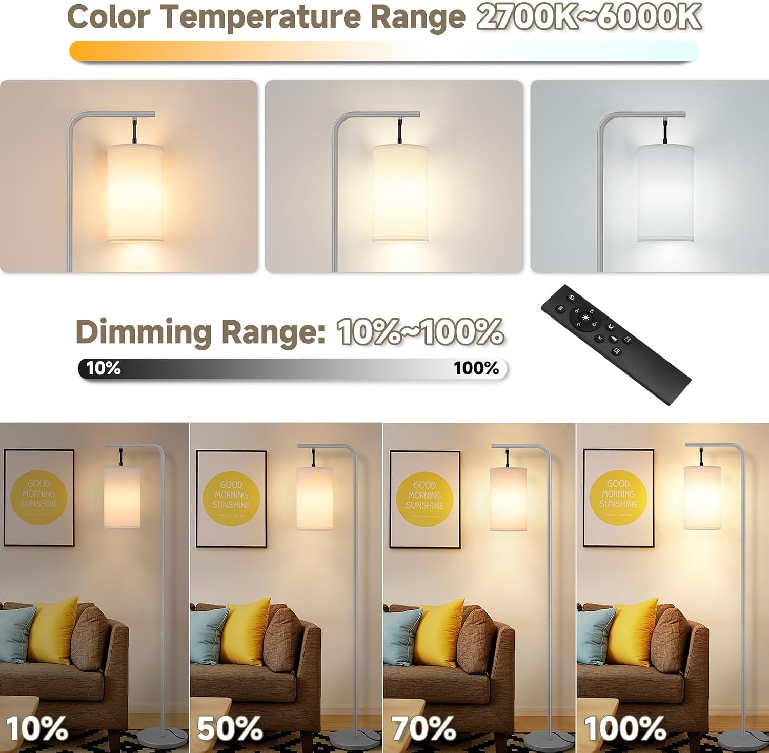 Coucrek Floor Lamp for Living Room, 9W LED Bulb, Remote Custom Color Temperature & Brightness, Tall Standing Lamps for Bedroom Office, Grey