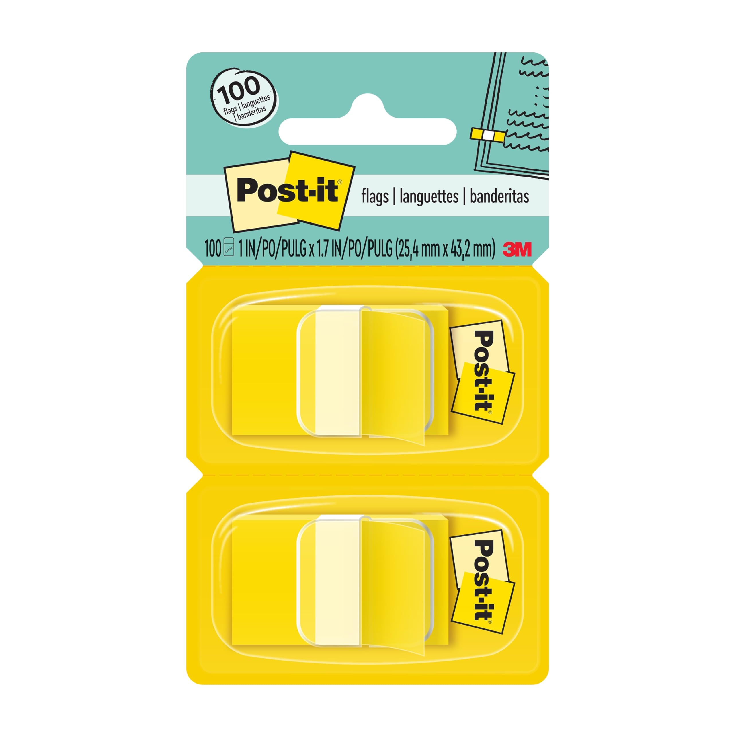 Post-it Flags, 1 in. x 1.7 in., Two Dispensers with 50-Count Yellow Sticky Tabs Per Dispenser (100 Flags Total), Removable Page Markers for Planners, Journals, and Calendars
