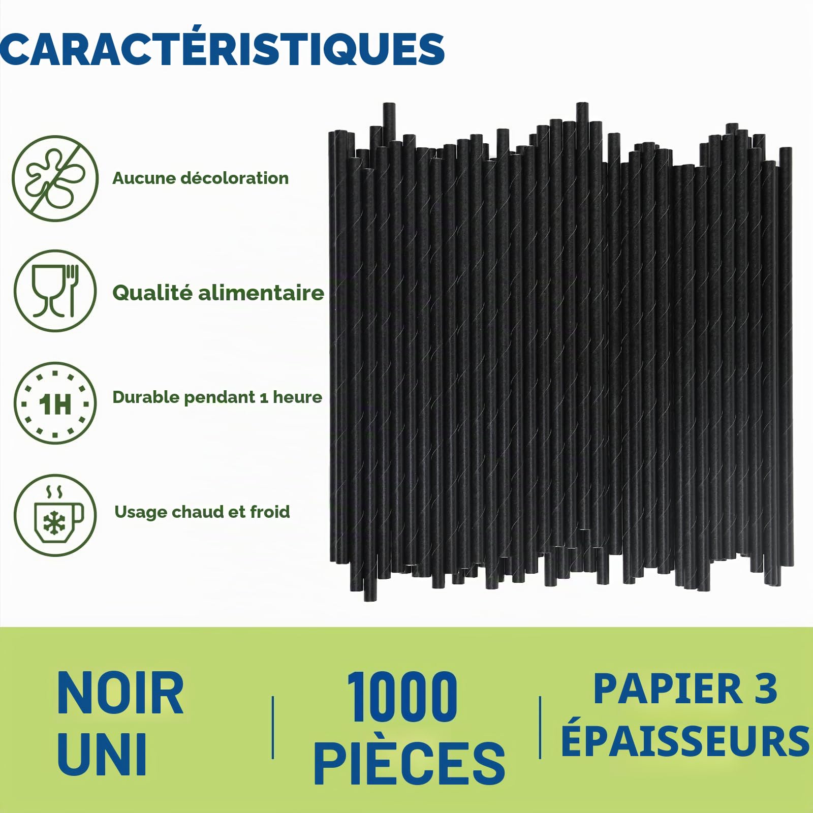 Lot de 1000 pailles en papier biodégradables pour cocktail Noir 19,7 cm x 0,6 cm Pour bars et restaurants