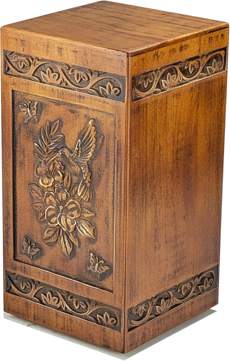 Hand-Engraved Wooden Urn | Adult Cremation Urn | Hummingbird Design | 250 Cubic Inches | Includes Black Satin Bag - Image 6