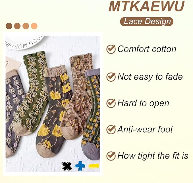 5 Pares Calcetines Florales Mujer Algodón Vintage Tobillero miniatura 6
