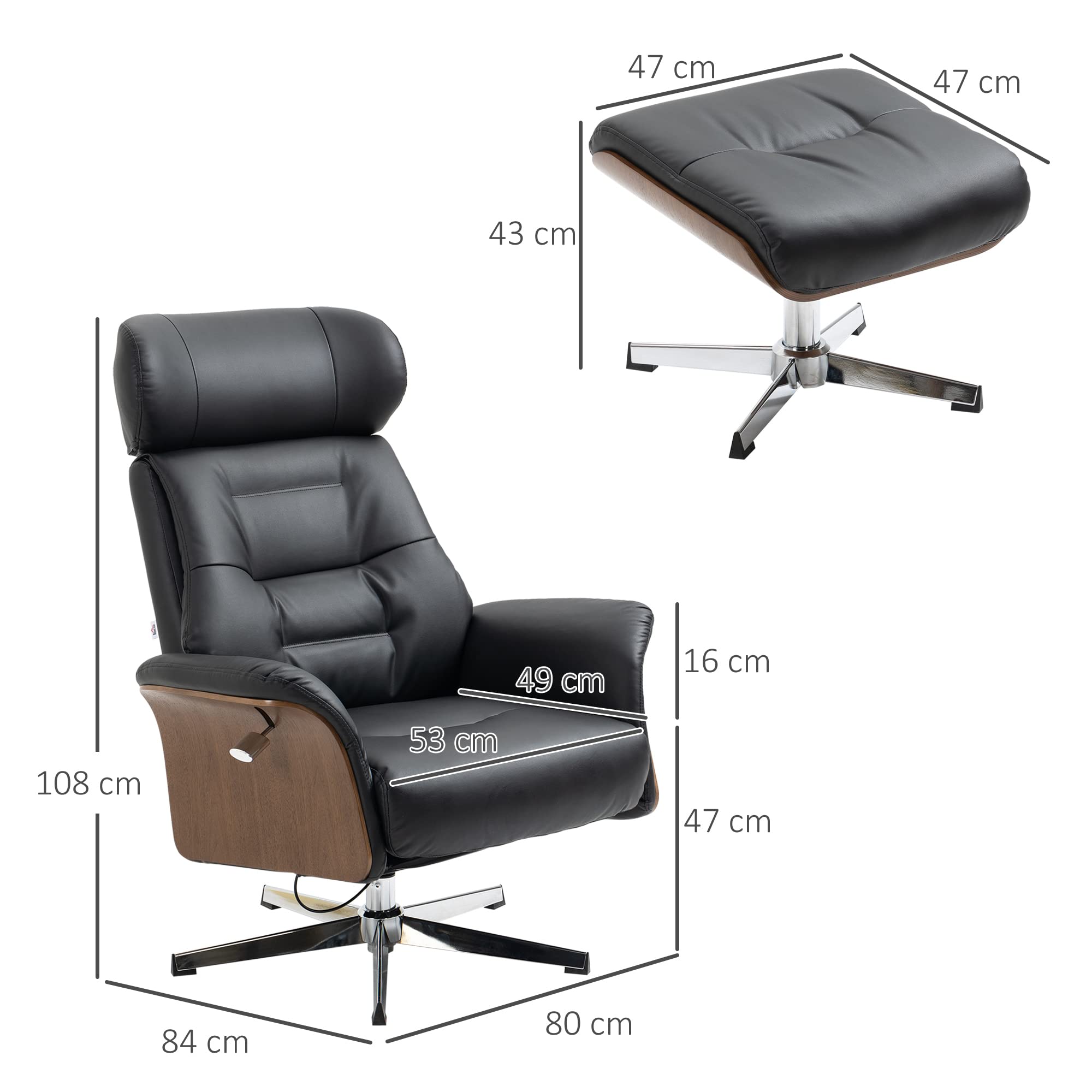 HOMCOM Relaxsessel mit Hocker, Fernsehsessel mit Liegefunktion, verstellbare Kopfstütze, Drehbar, bis 150 kg, Kunstleder, Schwarz