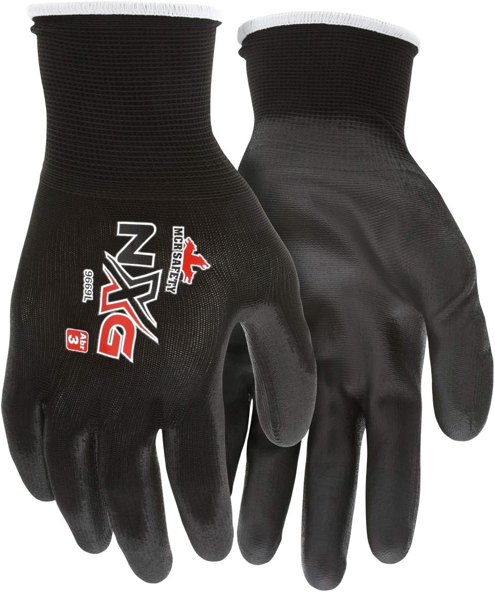MCR Safety 9669L, 13 Gauge Black Nylon Shell, Blk PU Palm & Fingers, L (12 pr)