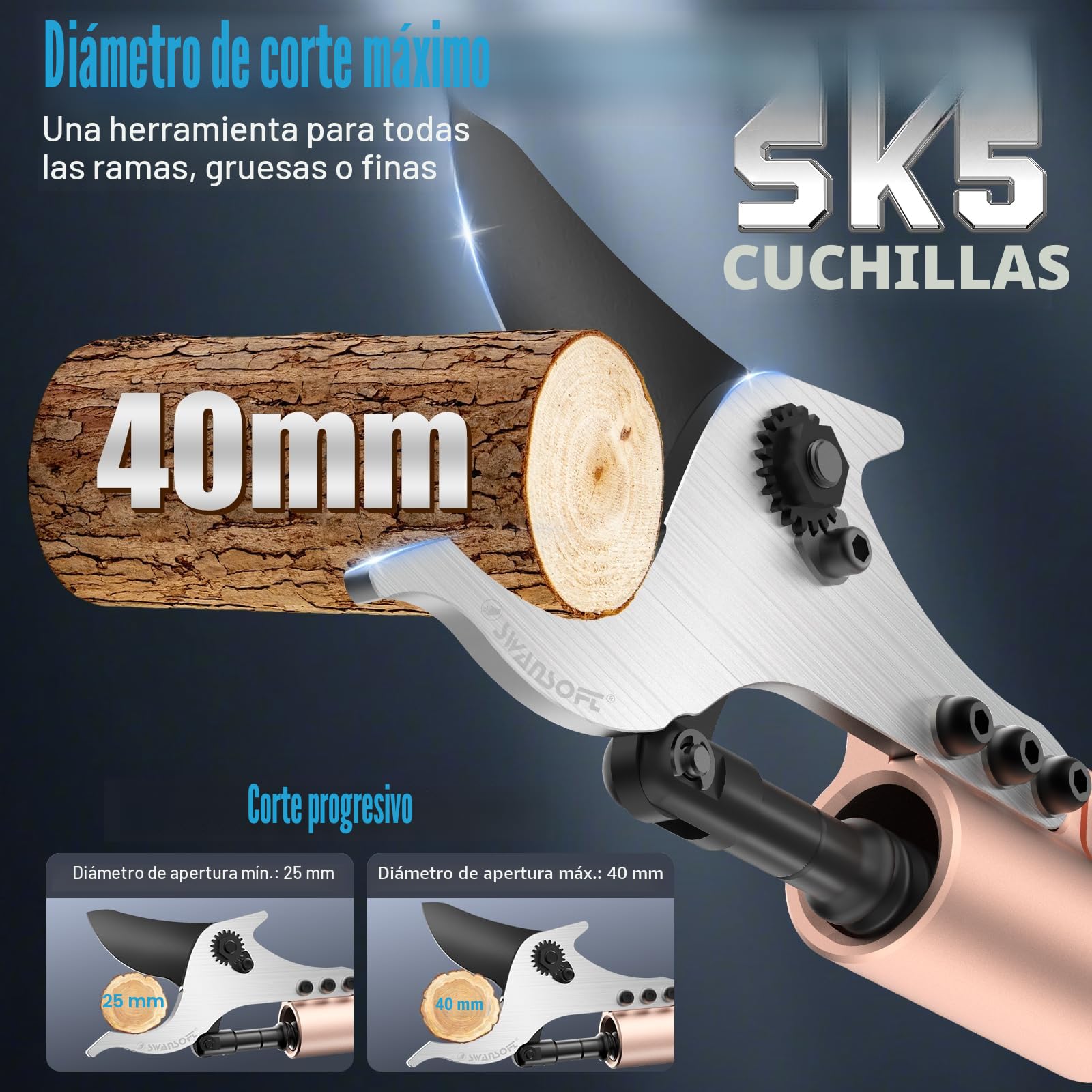 SWANSOFT Tijeras de podar eléctricas con Varilla, 40mm 25.2V /4+4Ah Tijeras a batería con Motor sin escobillas de 1050W Tijeras a batería Profesionales, SW-921-1 (0.9 Metros de Altura)