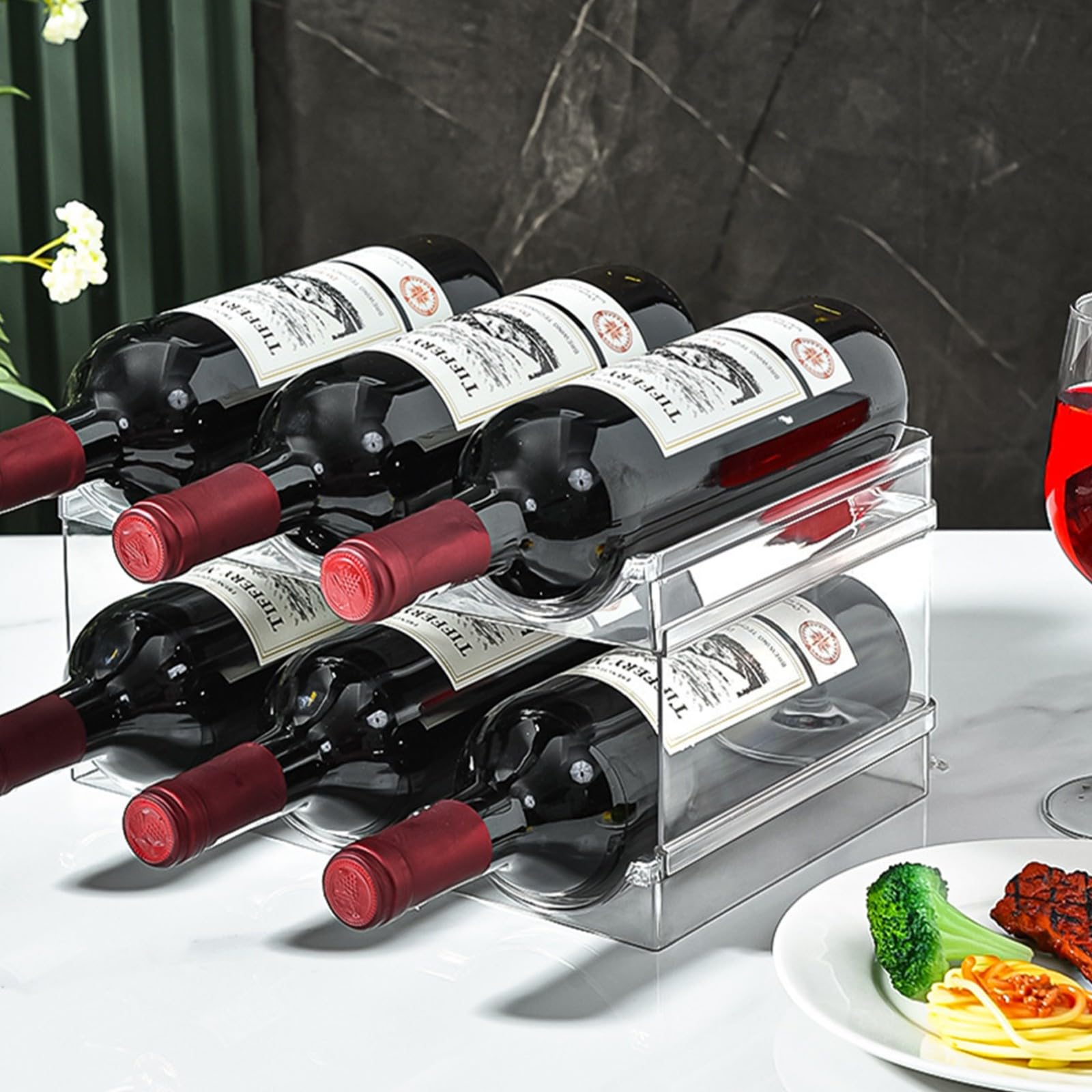 Soporte transparente para botellas de vino, organizador de latas para armario y cocina, organizador de almacenamiento de botellas de agua, estantes apilables de plástico de 2 niveles.