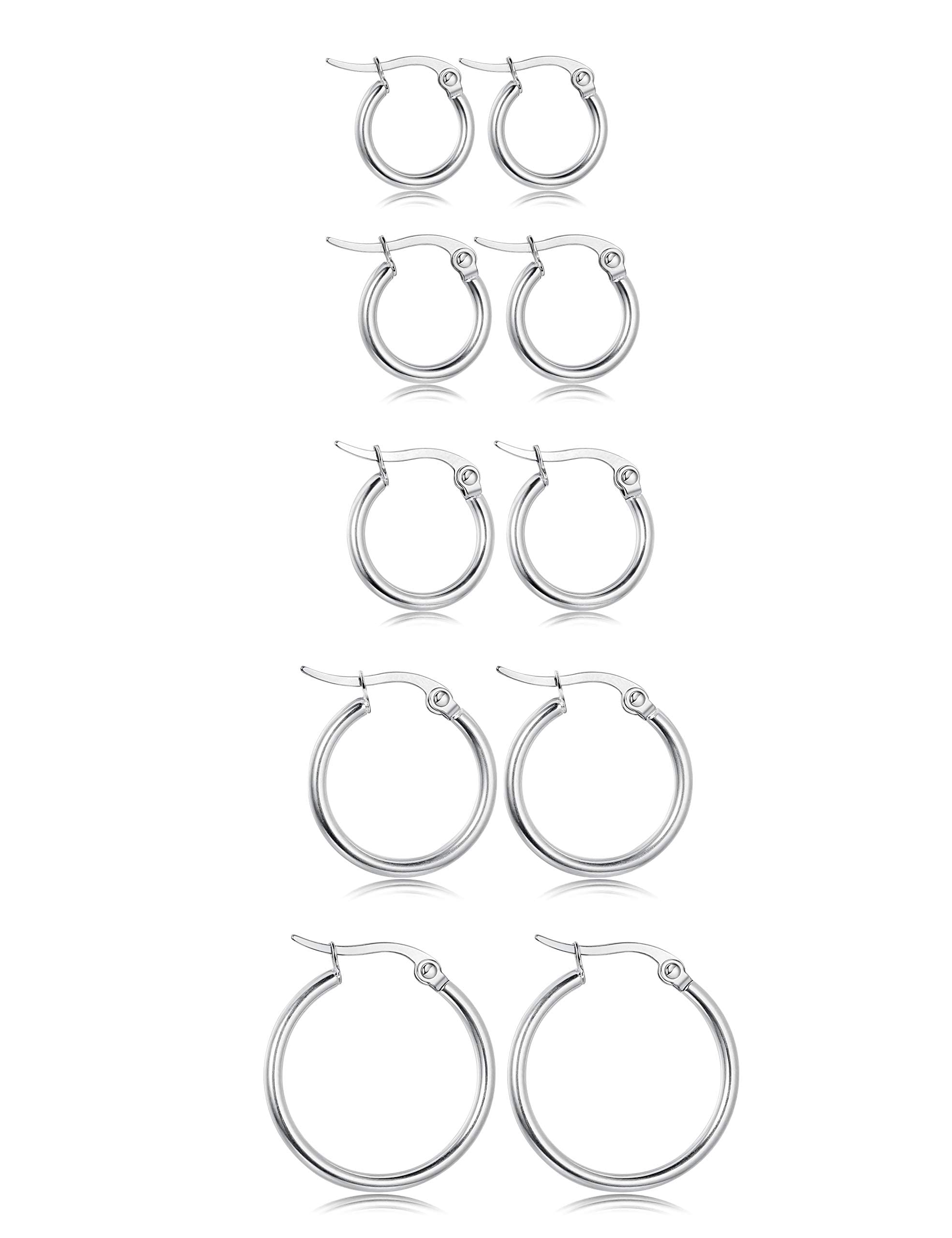 Adramata5-10 Pares Acero Inoxidable Pendientes Aro Mujer Hombre Diámetro 10/12/15/20/25mm Conjunto de Aros Pendientes Plata/Oro Mujer Hombre