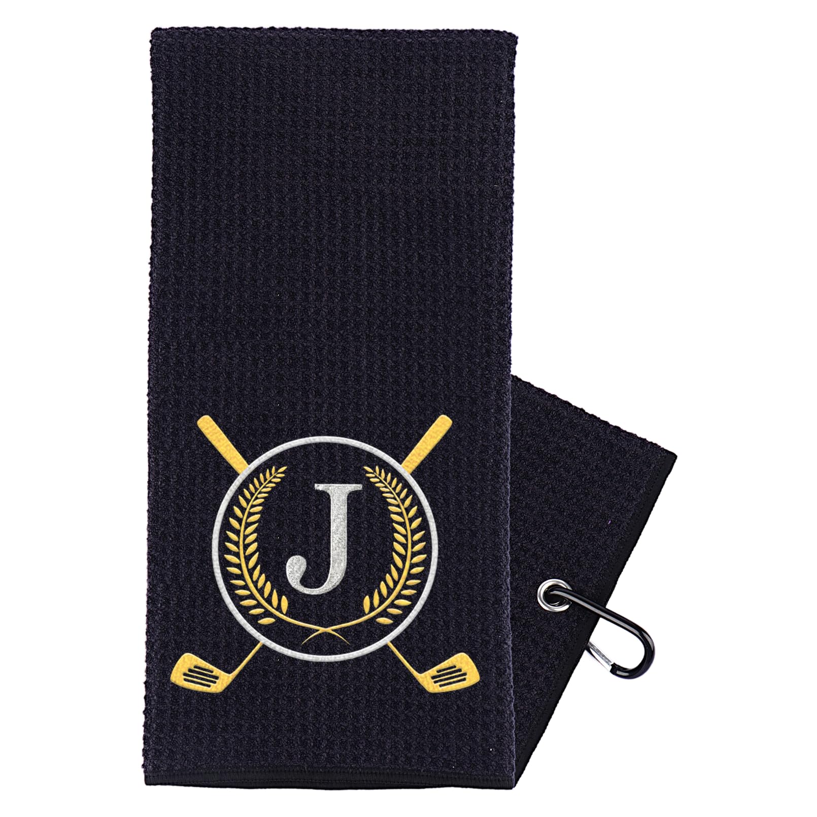 CGFN Golf Towel Gift, Golf Gifts for Men, Women Microfiber Waffle Golf Towels with Embroidered Monogrammed |16”x 24”Golf Towels for Golf Bags with Clip for Men (Black, Initial-J)