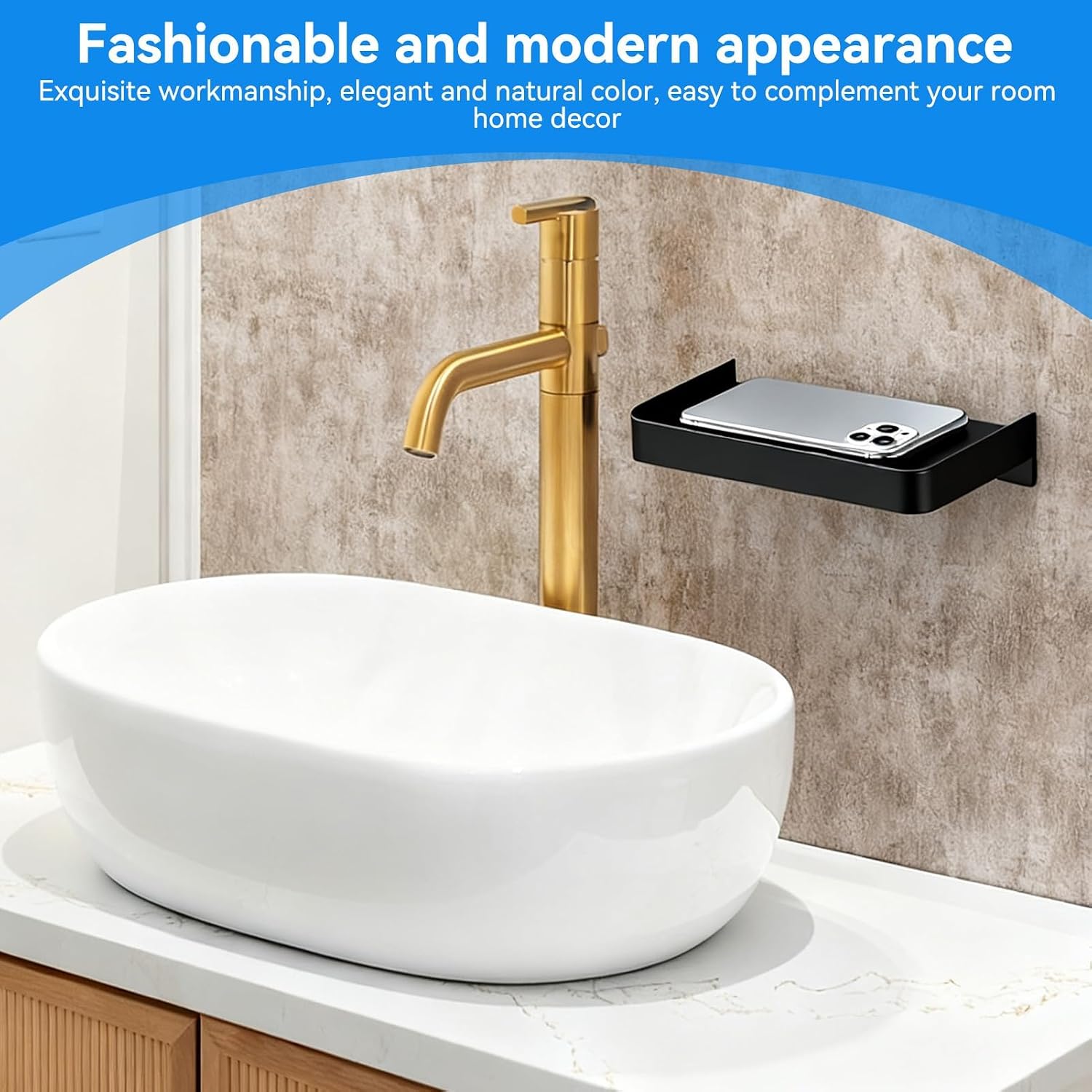 7x3.74in Small Floating Shelves for Wall for Phone, 304 Stainless Steel Bathroom Floating Shelf Wall Mount for Living Room Bedroom Office Storage Phone Wipes Smart Speaker Toilet Accessory (Black) image 5