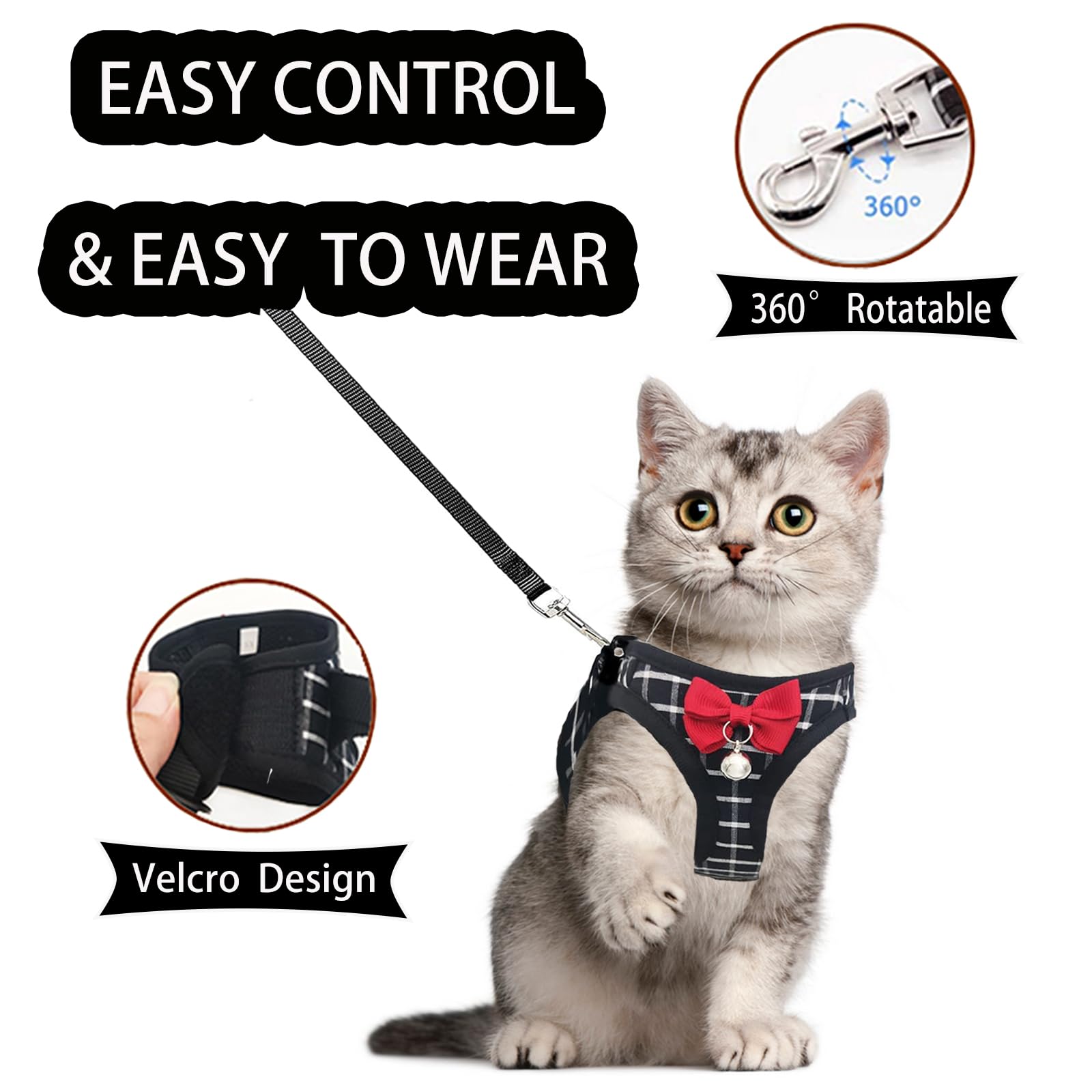 Juego de arnés y Correa para Gatos, Chaleco Suave Transpirable para Gatos y Perros, a Prueba de Escapes con decoración de Campana y Lazo para Navidad (XS, Negro)